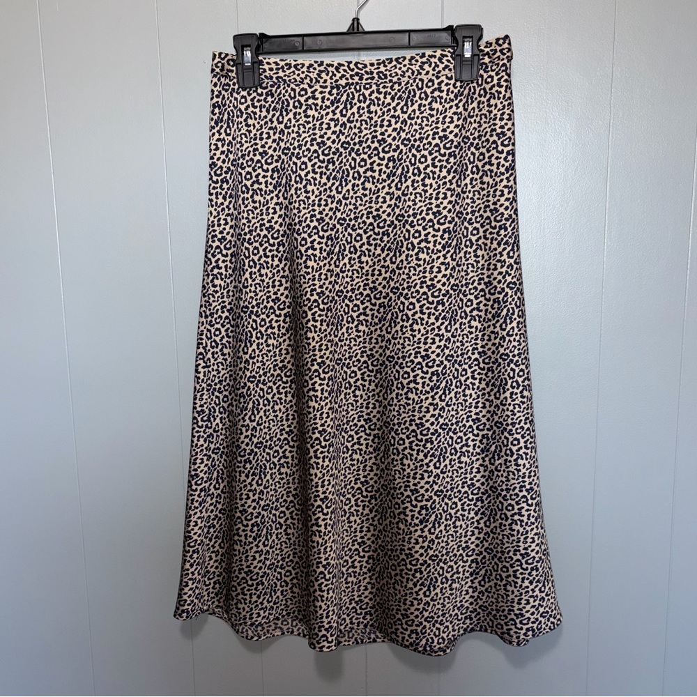 J. Crew Navy Blue and Brown Leopard Bias Slip Midi Skirt Small